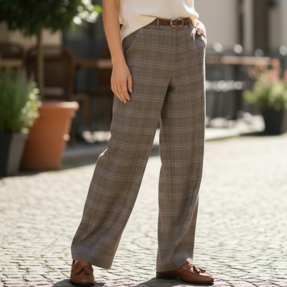 Ralph Lauren LRL Women's 4 Houndstooth Wide Leg Pants‎ Brown Red Wool Equestrian - Picture 2 of 13